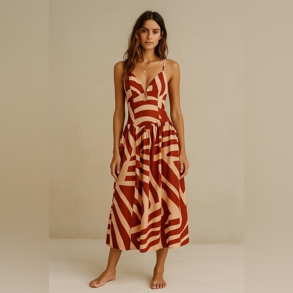 Mon Renn Surreal Midi Dress Tropico Print Red Medium Drop Waist Vacation Resort
